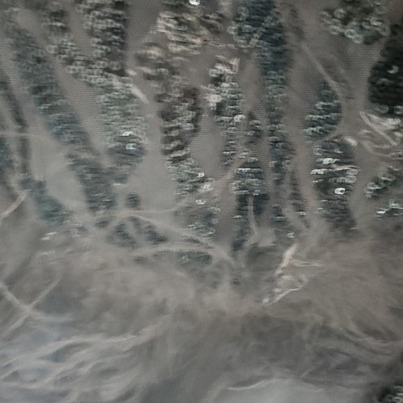 Blue, Geo Print, Assymmetrical Feather, Beaded,Slit Thigh, Sequined Mermaid Gown - Picture 12 of 12